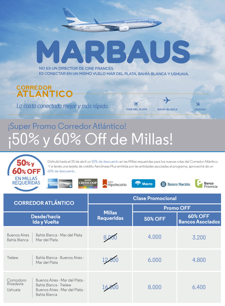 Promo 50% y 60% OFF Millas Corredor Atlántico!